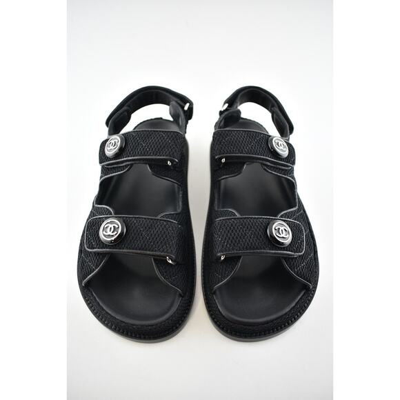 Chanel 21C Black Fabric Silver Logo Mule Slide Strap Flat Teva Dad Sandal 37.5 - Picture 8 of 12